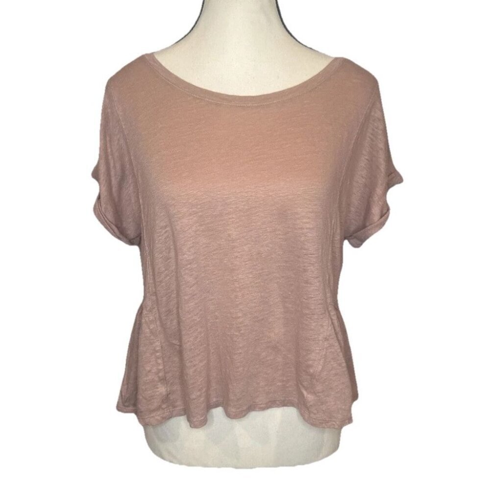 Madewell Gather Pink Modern Linen‎ Short Sleeve Peplum T Shirt Top Sz M Casual